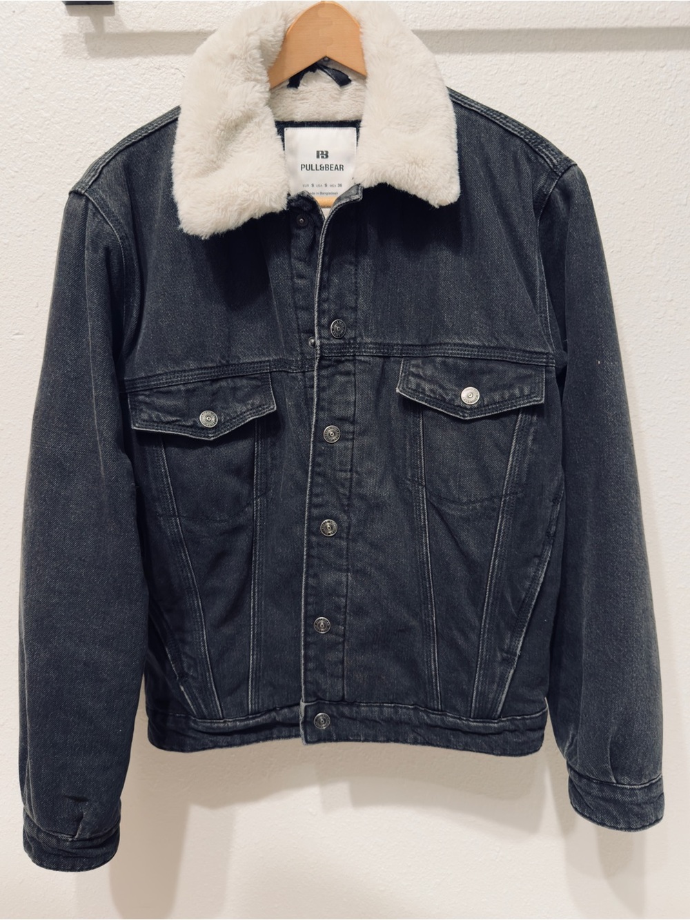Pull&Bear Black Denim Bomber Jacket with Cream Sherpa Collar